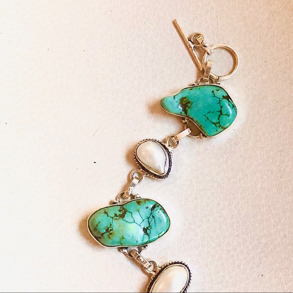 Real pearl turquoise sterling bracelet - Picture 3 of 5